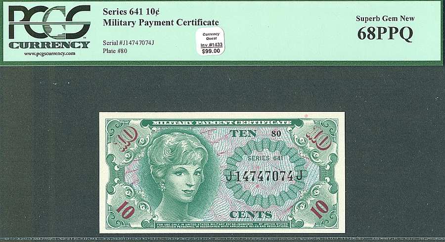 Series 641, Ten Cent Military Payment Certificate, PCGS-68 PPQ